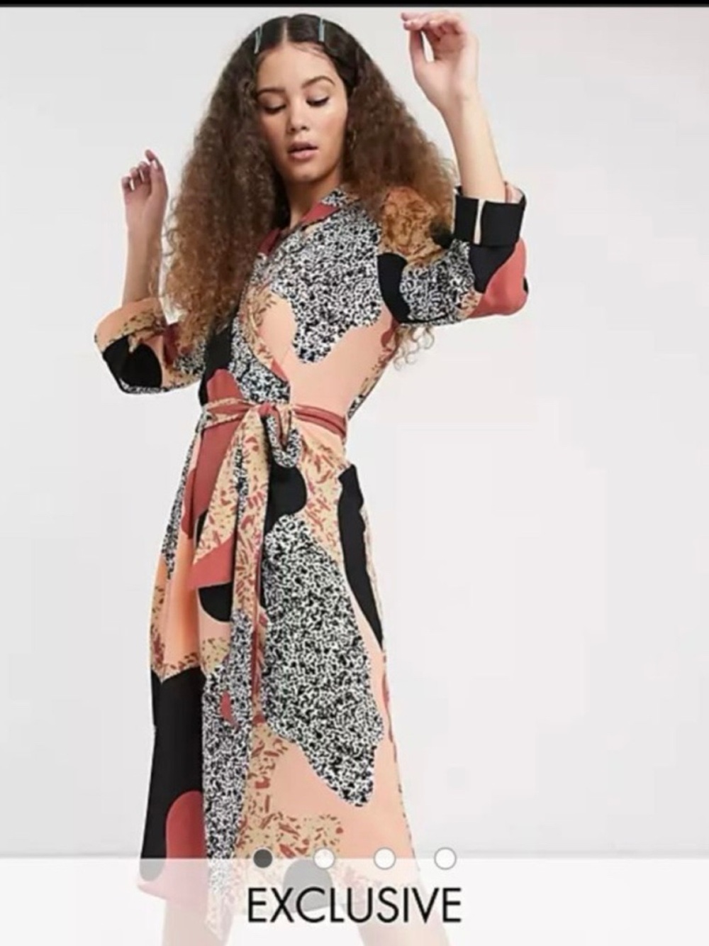 Monki collar funky flowy Andie printed midi dress belted quarter sleeve 3/4